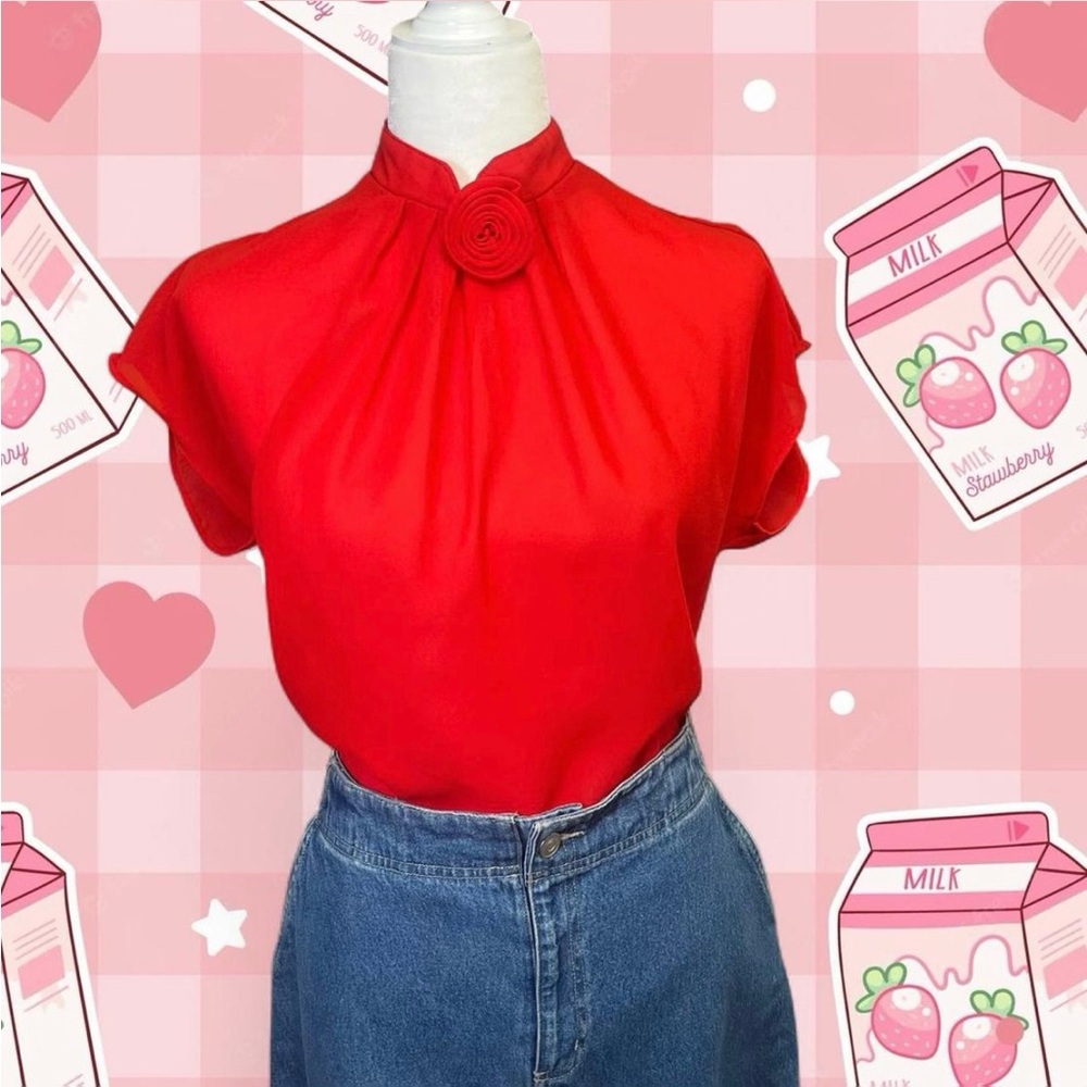 Vintage Vibrant Red Rose Sheer Hand
Sewn Blouse